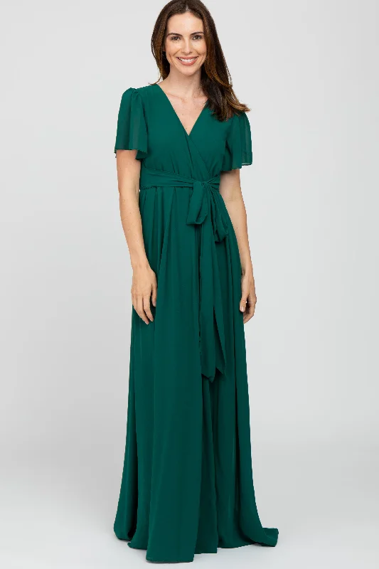 Gym Short Sleeve TopsForest Green Chiffon Short Sleeve Maxi Dress