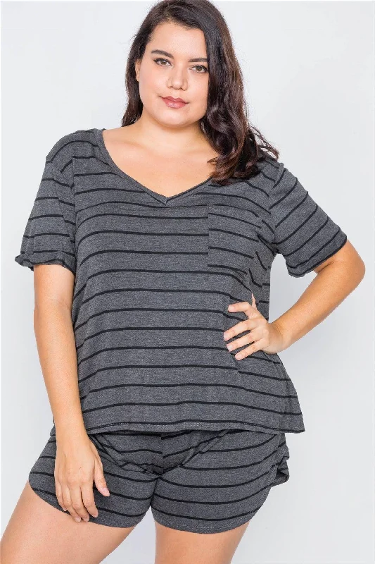 Sleep Short Sleeve TopsPlus Size Charcoal & Black  Rolled Short Sleeve Stripe Comfy Short Set /3-2-1