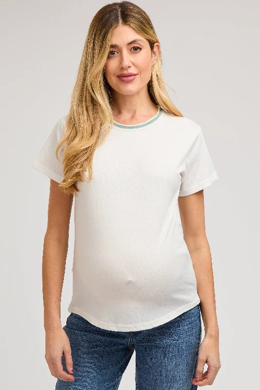 Off-Shoulder Short Sleeve TopsIvory Contrast Neck Band Short Sleeve Maternity Top