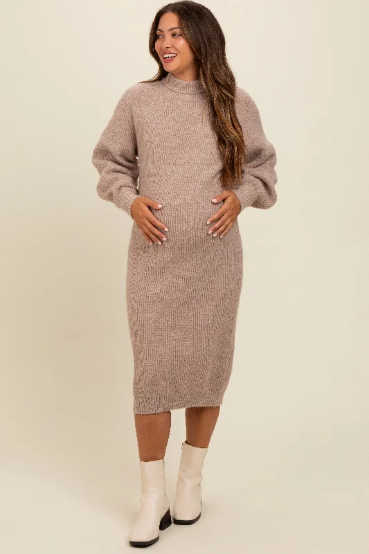 Beige Mock Neck Bubble Sleeve Maternity Midi Sweater DressMohair Knit Tops