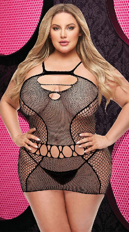 Women's short sleeve topsPlus Size Black Fishnet Dance Chemise