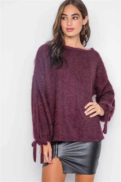 Violet Fuzzy Slit Sleeves Casual Soft SweaterPainted Knit Tops