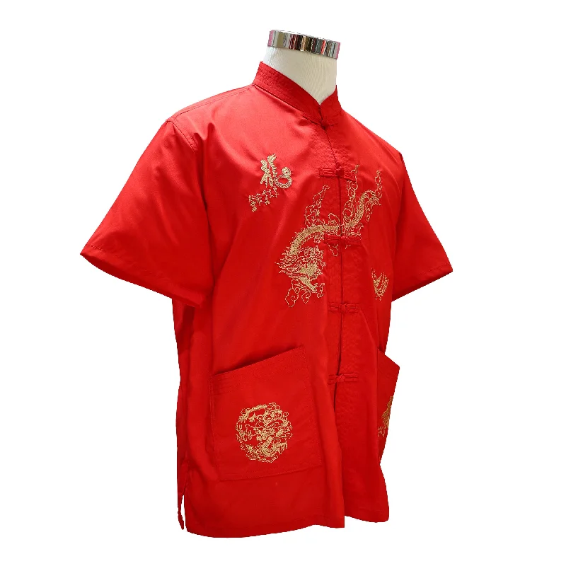 Cropped Short Sleeve TopsShort Sleeve Tang Shirt with Gold Dragon - Red