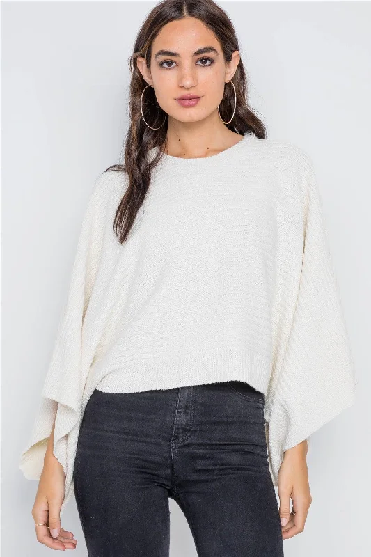 Ivory Ribbed Kimono Sleeves Knit Sweater /2-2-2Acrylic Knit Tops