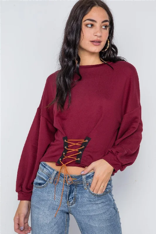 Burgundy Long Sleeve Lace Up Sweater /2-2-2Hunting Knit Tops