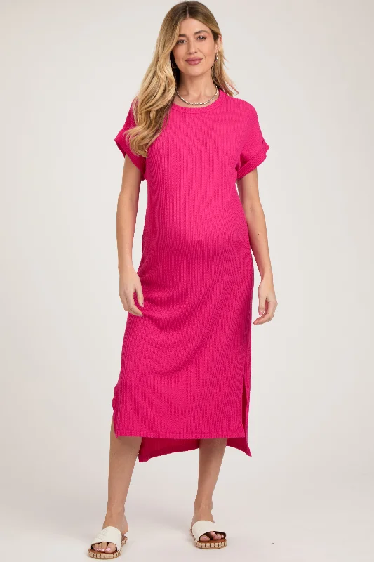 Metallic Short Sleeve TopsFuchsia Ribbed Short Sleeve Maternity Midi Dress