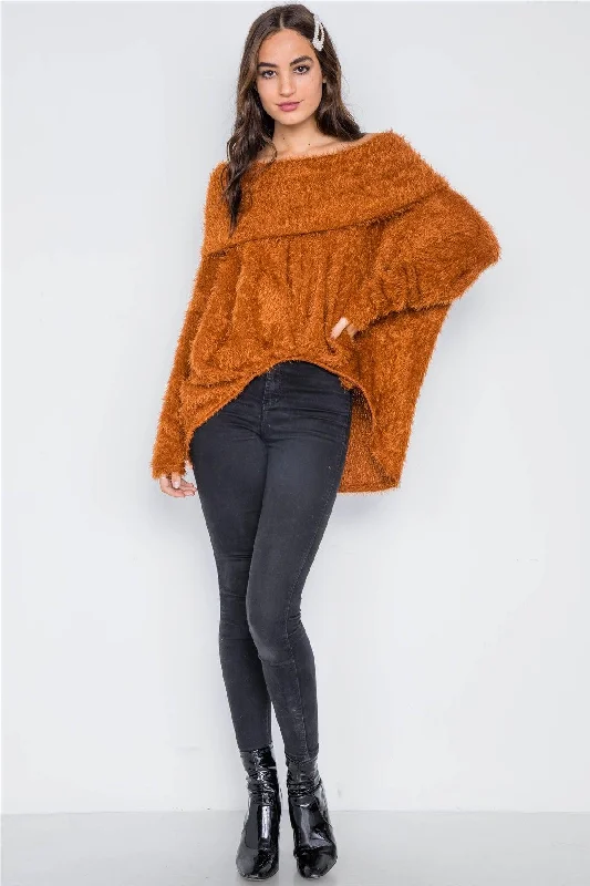 Golden Rust Fuzzy Off-The-Shoulder Sweater /3-2-2Turtleneck Knit Tops