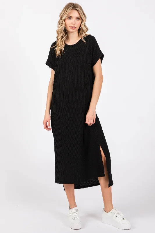 Relaxed Fit Short Sleeve TopsBlack Ribbed Short Sleeve Midi Dress