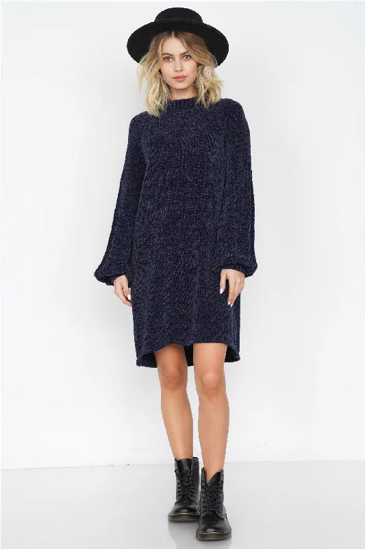 Navy Knit Plush Velvet Puff Sleeve Sweater Mini Dress /3-2-1Embroidered Knit Tops