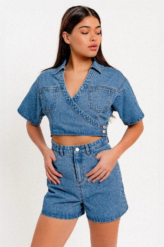 Luxury Short Sleeve TopsShort Sleeve Deep V-neckline Wrap Denim Romper