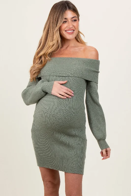 Light Olive Off Shoulder Balloon Sleeve Maternity Mini Sweater DressAsymmetrical Knit Tops