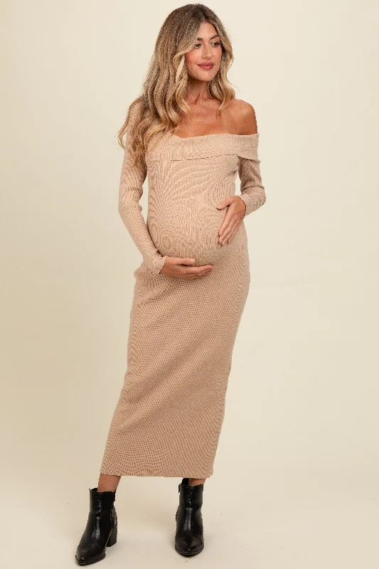 Beige Foldover One Shoulder Maternity Maxi Sweater DressSpring Knit Tops