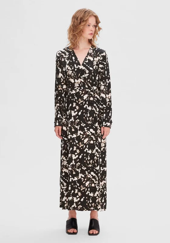 Long-sleeve DressSelected Femme Justine Printed Faux Wrap Maxi Dress, Black