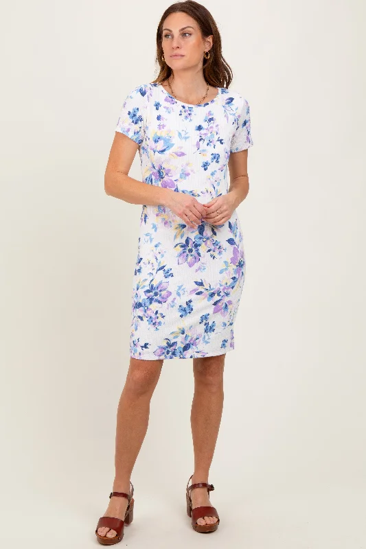 Printed Short Sleeve TopsIvory Floral Short Sleeve Ruched Dress