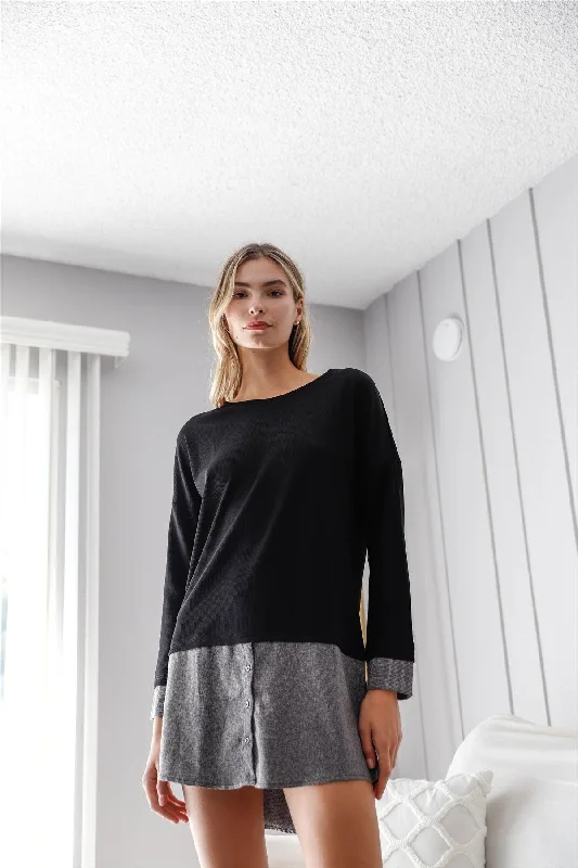 Black Knit Combo Long Sleeve Sweater Dress /2-2-2Designer Knit Tops