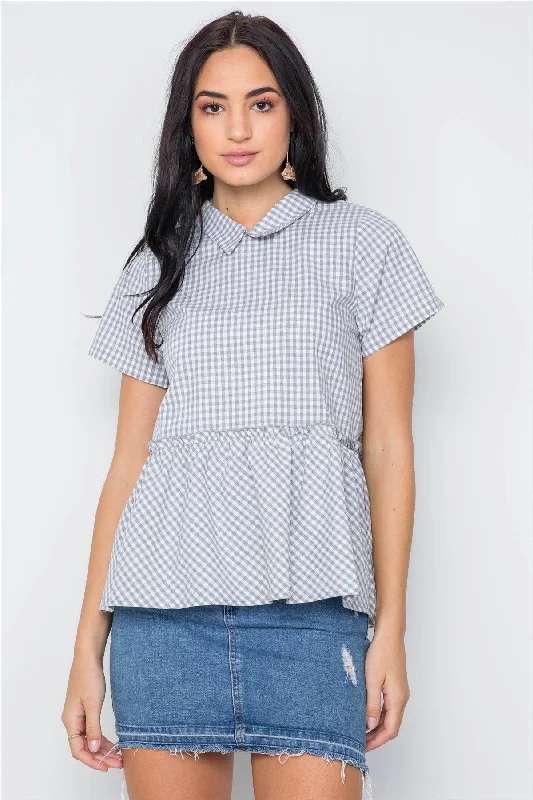 Yoga Short Sleeve TopsGrey Checkered Short Sleeve Shirred Hem Top / 2-2-2