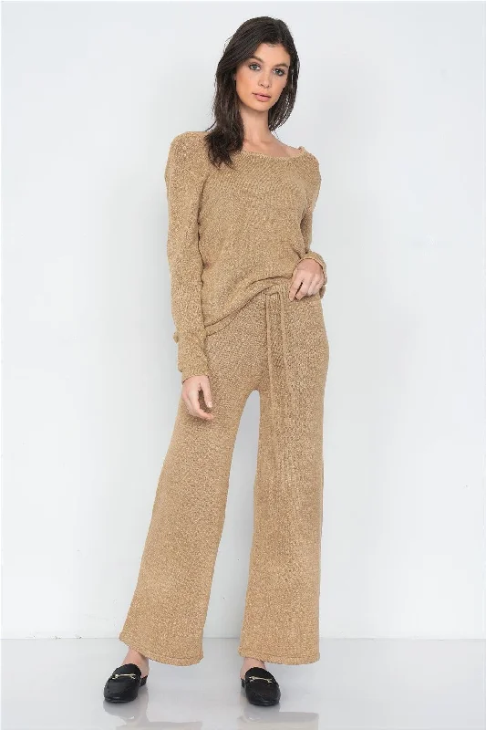 Beige Knit V-Neck Relaxed Fit Sweater & Flare Leg Pant Set   /3-2-1Layered Knit Tops