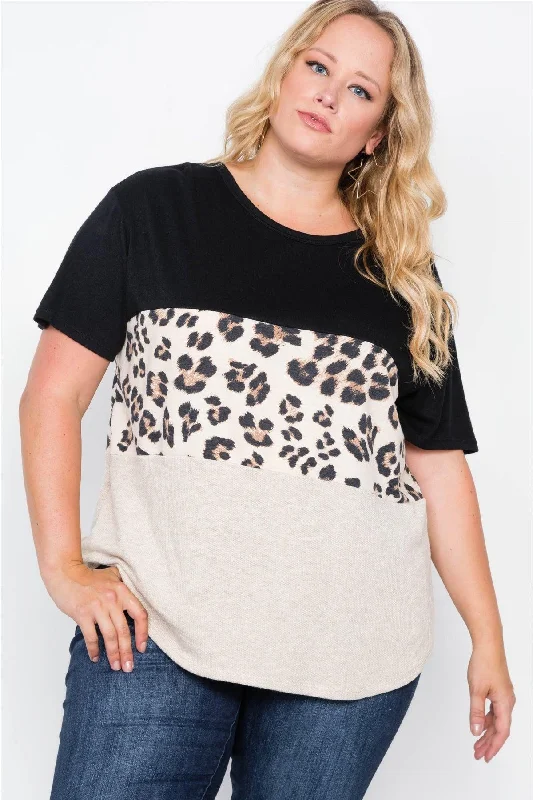 Performance Short Sleeve TopsBlack Cheetah Print Color Block Short Sleeve Top