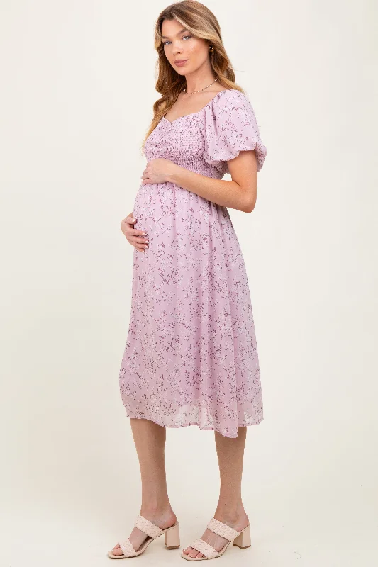 Jersey Short Sleeve TopsLavender Floral Smocked Short Sleeve Maternity Midi Dress