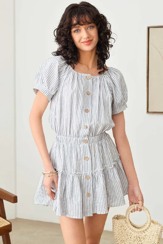 Mesh Short Sleeve TopsStriped Button Smocked Tiered Silhouette Short Sleeve Dress