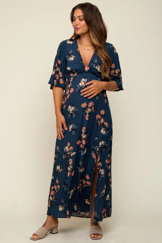 French Terry Short Sleeve TopsDark Teal Floral Deep V-Neck Short Sleeve Front Slit Maternity Maxi Dress