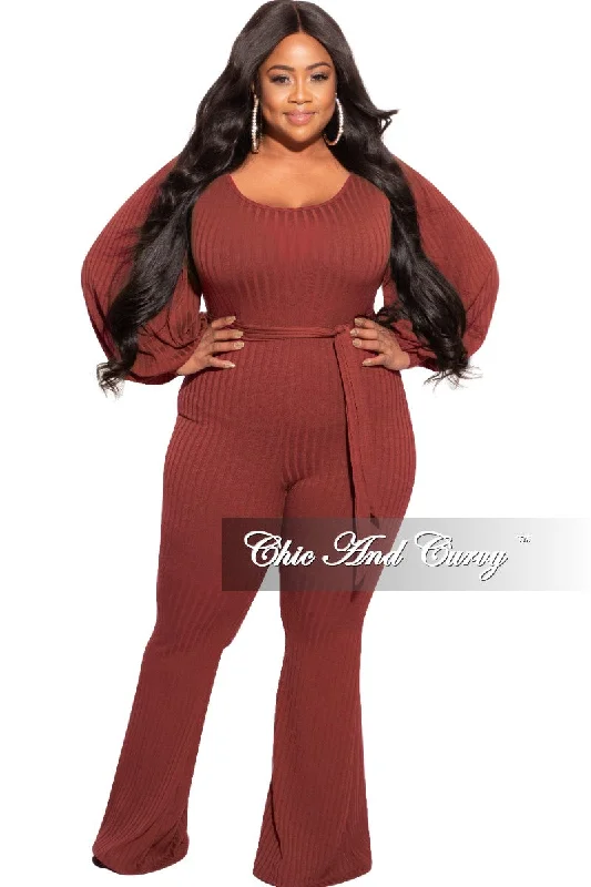 Women's spring topsFinal Sale Plus Size Ribbed Jumpsuit with Balloon Sleeves in Brick