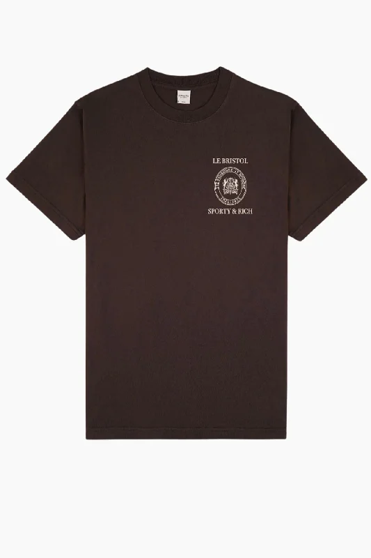 Sporty & Rich Crest Seal 100th T-Shirt - Chocolate/ CreamCropped T-Shirts