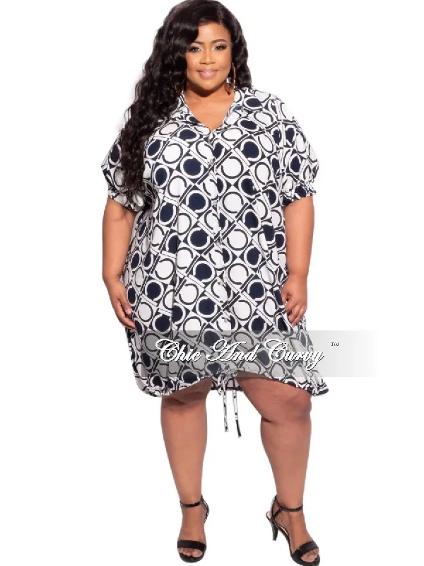 Plus size women's hollow topsFinal Sale Plus Size Button Tie Balloon Dress in Navy & Off White Initial Geometric Print