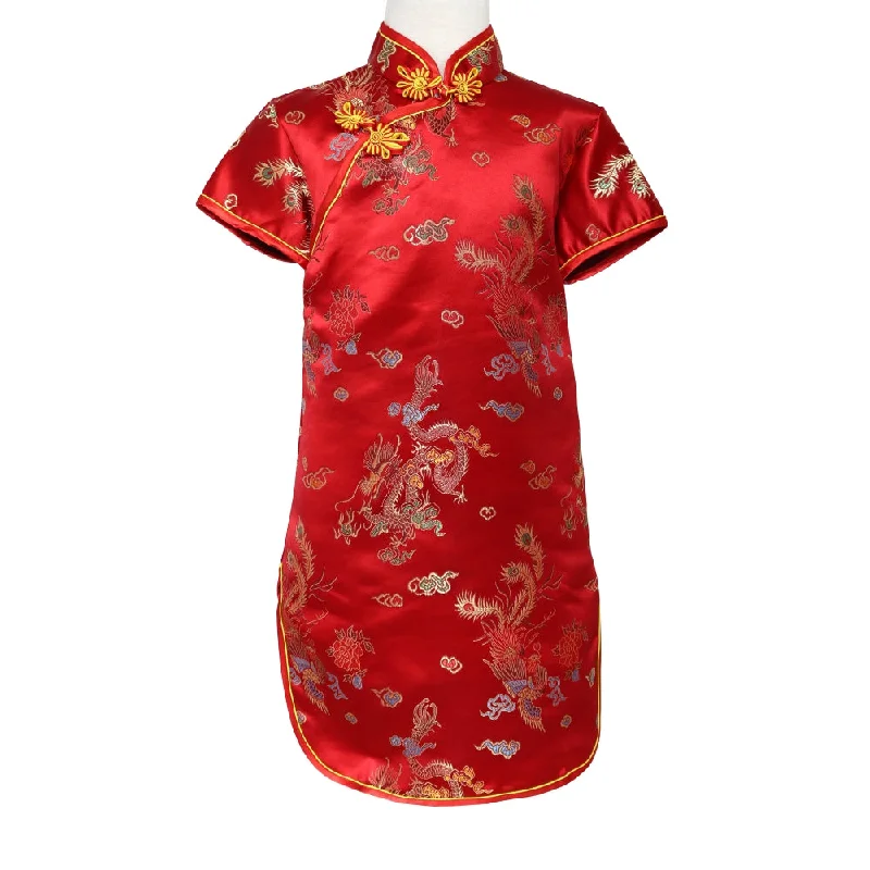 Minimalist Short Sleeve TopsGirls Short Sleeve Brocade Dress - Dragon Phoenix