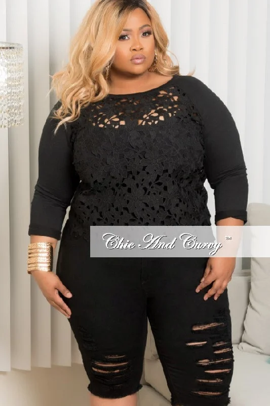 Large women's quick-drying topsFinal Sale Plus Size Embroidered Lace Front Top in Black