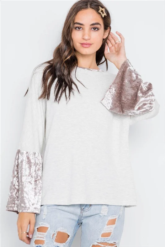 Ivory Combo Velvet Sleeves Sweater /2-2-2College Knit Tops