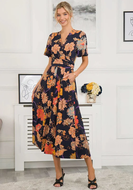 Lace DressJolie Moi Sheyra Floral Print Jersey Maxi Dress, Navy Orange