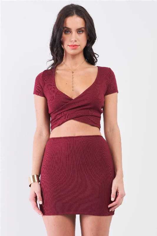 Graphic Short Sleeve TopsBurgundy Rib Short Sleeve Plunge Neck Wrap Crop Top & High Waisted Fitted Mini Skirt Set /2-2-2