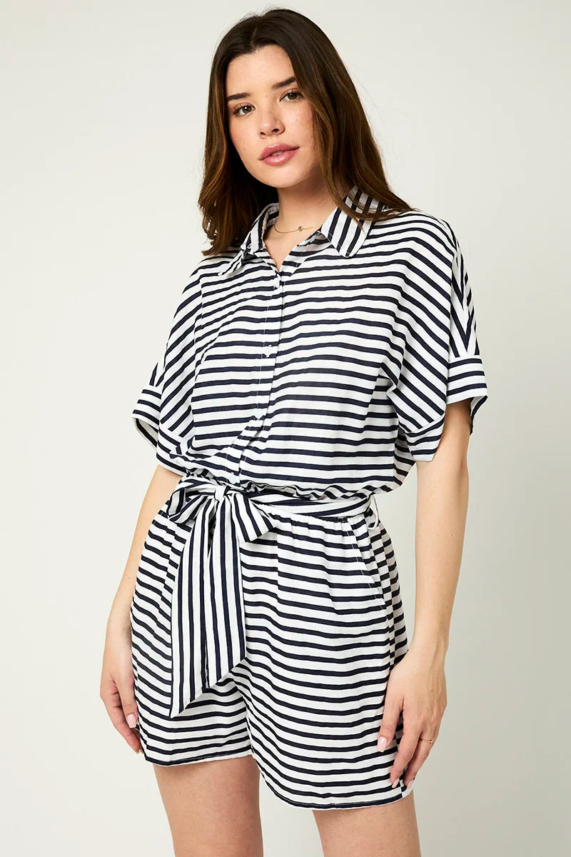 Velvet Short Sleeve TopsStriped Wide Short Sleeve Collared Belted Oversized Romper