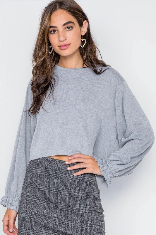 Heather Grey Ruffle Cuffs Crop Sweater Top / 3-2-1Silk Knit Tops