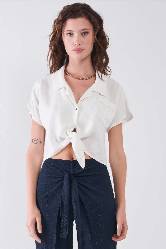 Outdoor Short Sleeve TopsWhite Collared Short Sleeve Self-Tie Front Cropped Top /3-2-1