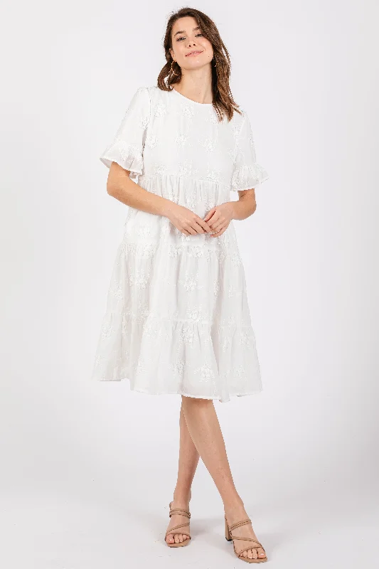 Silk Short Sleeve TopsWhite Floral Embroidered Ruffle Short Sleeve Tiered Dress