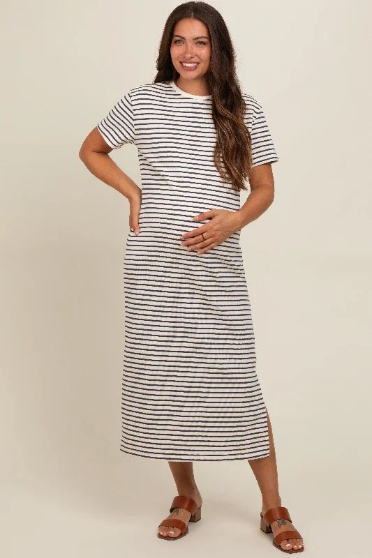 Oversized Short Sleeve TopsNavy Striped Short Sleeve Maternity T-Shirt Midi Dress