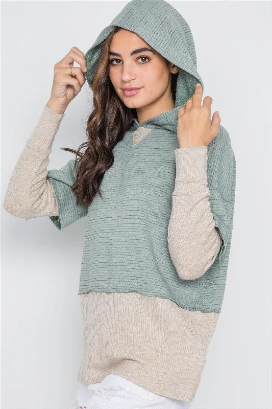 Dark Sage Combo Hooded Long Sleeve Sweater /1-2-2Branded Knit Tops