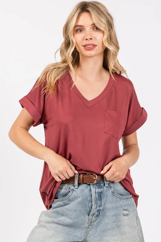 Oversized Short Sleeve TopsBurgundy V-Neck Pocket Short Sleeve Shirt