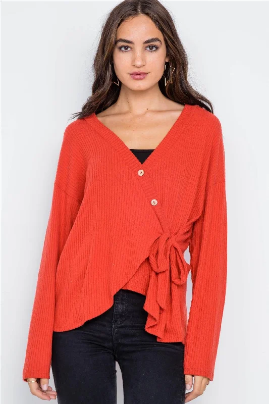 Orange Red Front-Tie Ribbed Surplice Neck Sweater /2-2-2Fitted Knit Tops