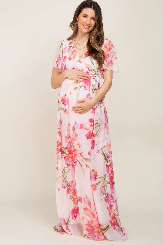 Streetwear Short Sleeve TopsPink Tulip Floral Chiffon Wrap Front Short Sleeve Maternity Maxi Dress