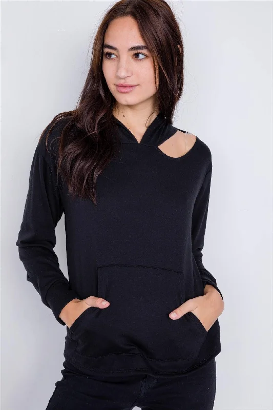 Black Shoulder Cut Out Pull Over Hoodie Relaxed Fit Sweater /2-2-2Ribbed Knit Tops