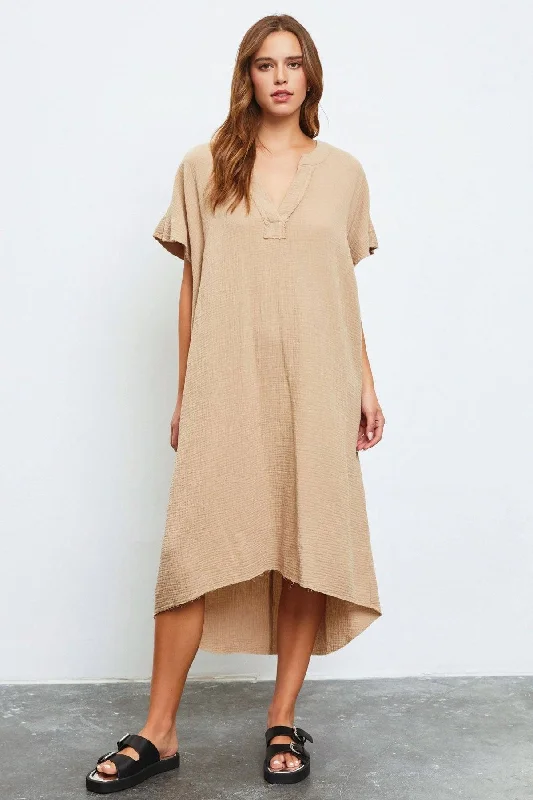 V-Neck Short Sleeve TopsLinen Short Sleeve Hi-Low Midi Tunic Dress