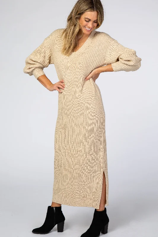 Beige V-Neck Ribbed Sweater DressLuxury Knit Tops