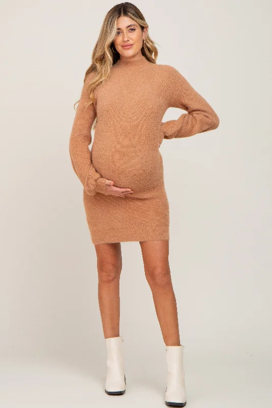 Camel Fuzzy Knit Puff Sleeve Maternity Sweater DressBeaded Knit Tops