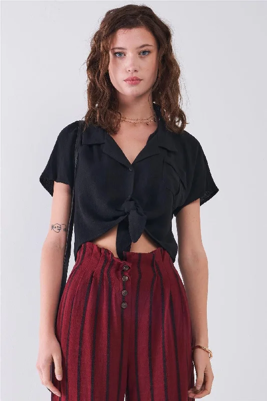 Compression Short Sleeve TopsBlack Collared Short Sleeve Self-Tie Front Cropped Top /3-2-1