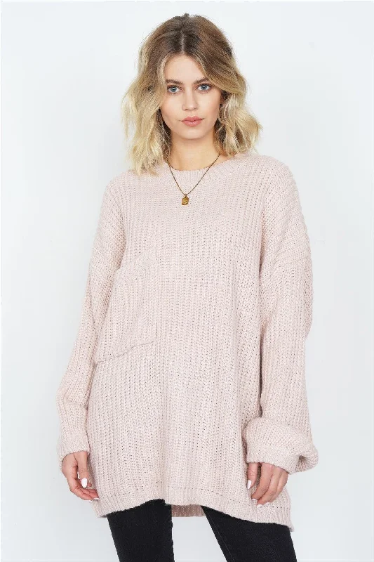 Taupe Rose Knit Relaxed Fit Puff Sleeve Comfy SweaterAsymmetrical Knit Tops