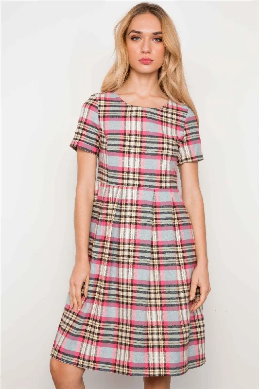 Striped Short Sleeve TopsMulti Pink Plaid Short Sleeve Boho Dress /2-2-2