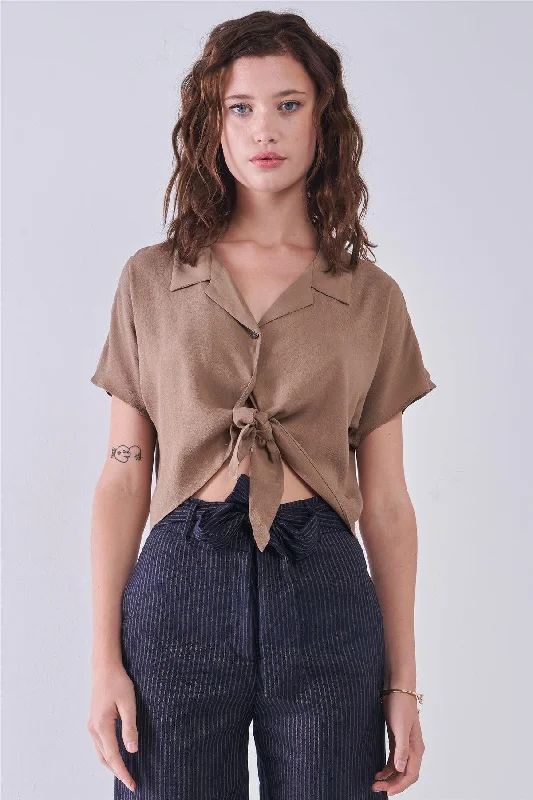 Hunting Short Sleeve TopsTaupe Collared Short Sleeve Self-Tie Front Cropped Top /3-2-1